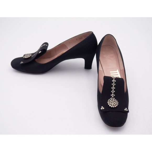 Vintage Women's Peau de Soie Black Pumps with Rhinestones by Mijji US 7 AAA - Picture 9 of 10